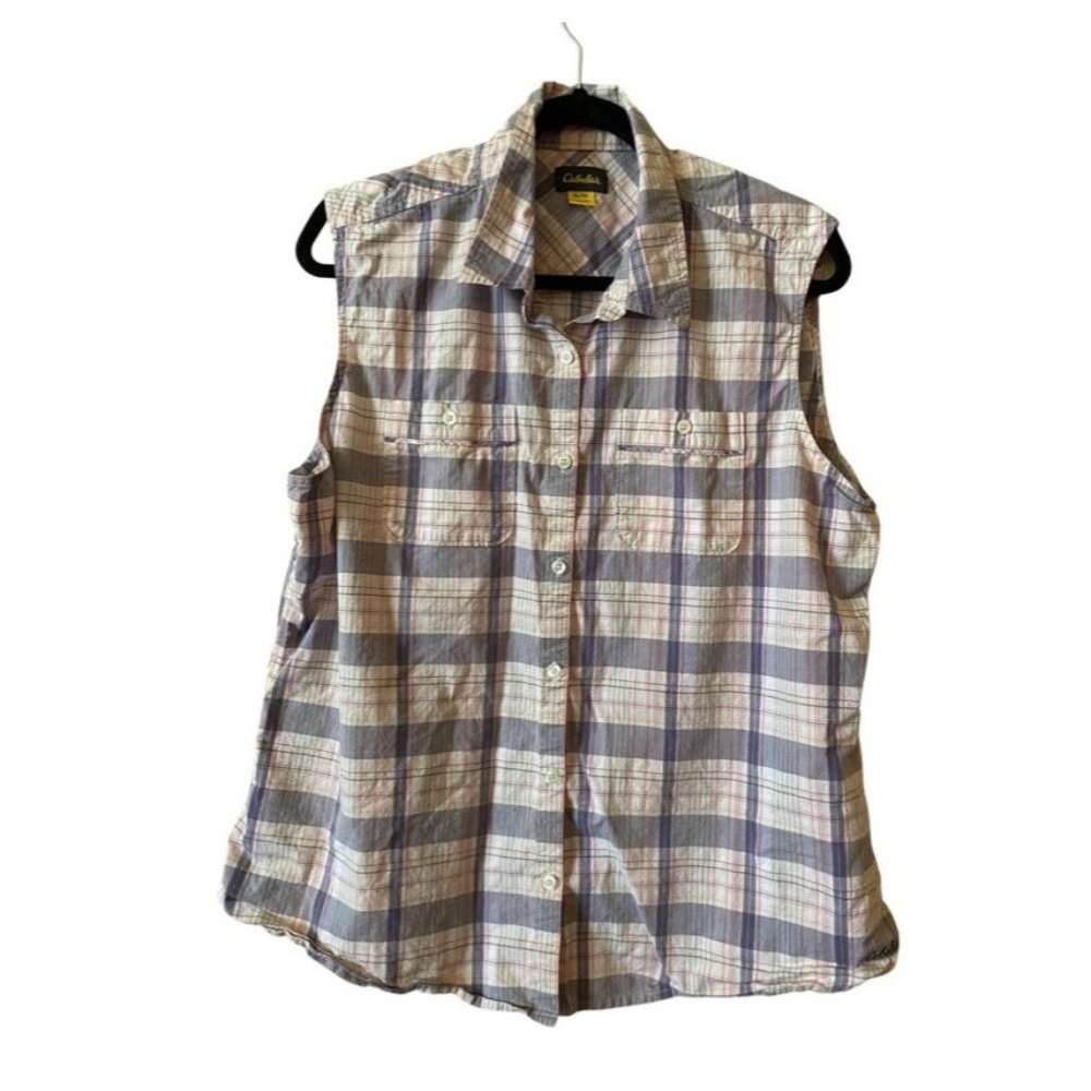 Cabelas Women Stretch Plaid Collared Sleeveless Button Down Shirt Purpl White XL